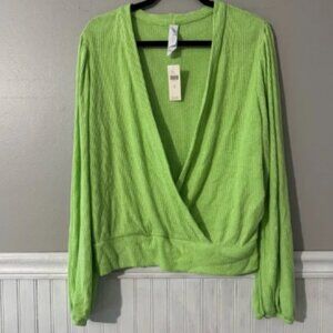 Anthropologie Amadi lime green v-neck cropped knit pull over sweater size XL